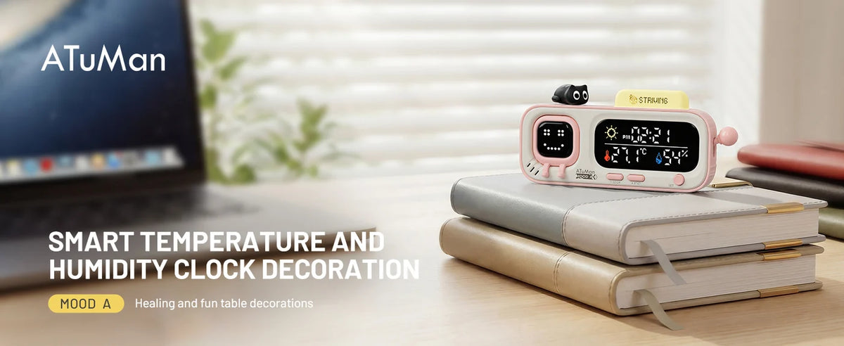 Termômetro e Higrômetro Digital Rosa com Relógio e Tela Pixel