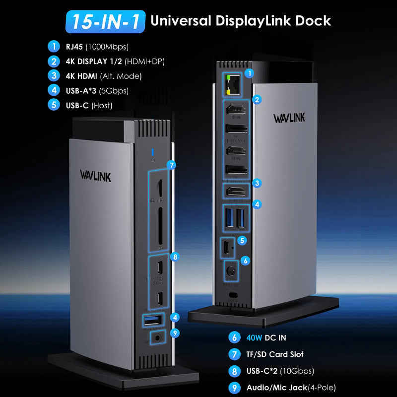 Dock Station Wavlink WL-UG63PD13Pro 15 em 1 DisplayLink e PD 100 W