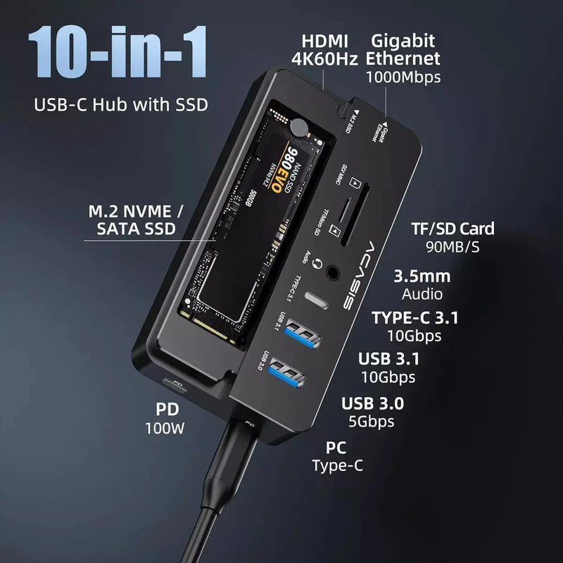Dock Station ACASIS 10 em 1 com Case SSD M.2, HDMI 4K e PD 100 W
