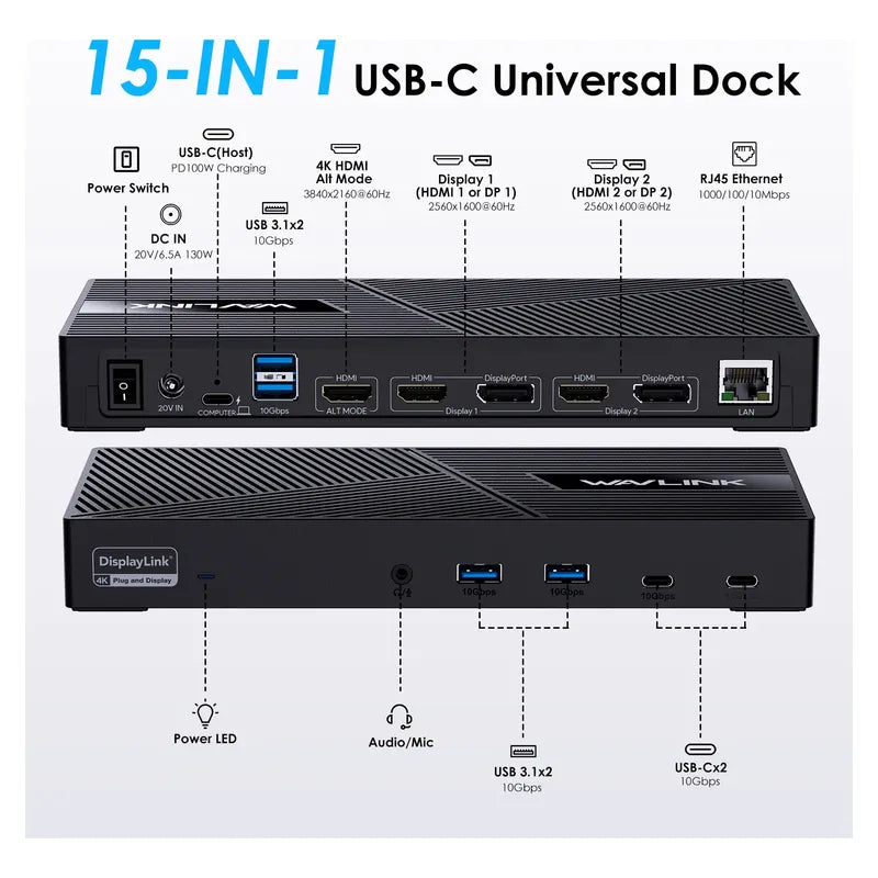 Dock Station Wavlink WL-UG63PD25 15 em 1 DisplayLink e PD 100 W