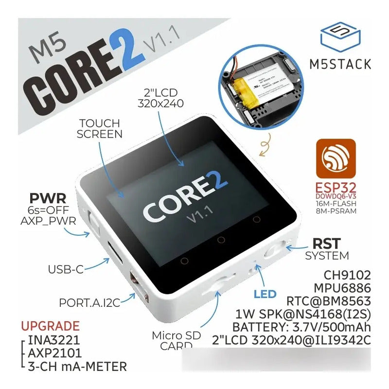 M5Stack Core2 V1.1 ESP32 – Tela Touch, 16 MB Flash e 8 MB PSRAM